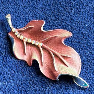 Vintage signed BSK Gold Tone  Painted Leaf Brooch